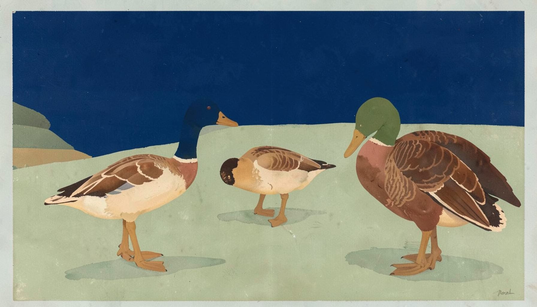 Matte gouache poster painting of a spread of hunting decoys — mallard, goose, and turkey silhouettes arranged on a muted olive and warm brown field under a pale overcast sky